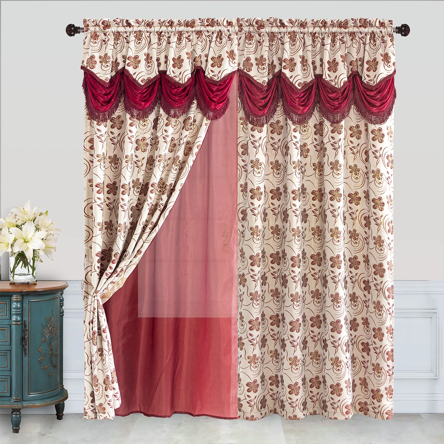 Multi-color luxury design jacquard window curtain panel with attached waterfall valance taffeta backing included for home