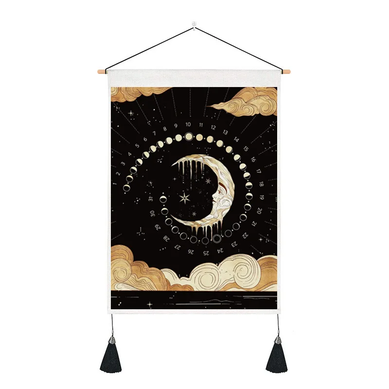 Custom Black Background Tarot Sun and Moon Tapestry Polyester Cotton Tassels Wall Hanging Art Painting