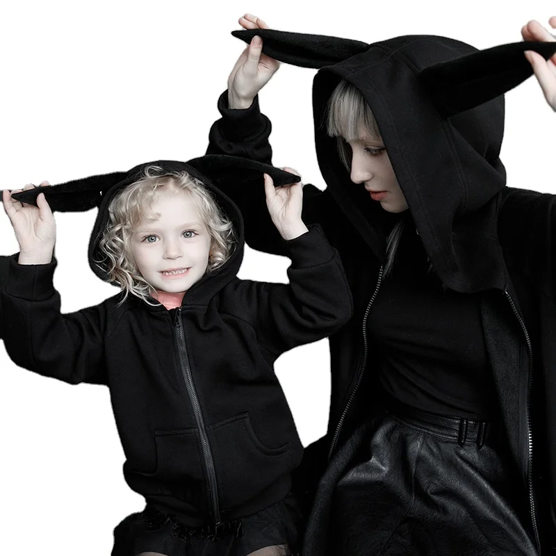 Parent child winter clothing rabbit print loose medium length zippers soft warm hooded outfits RY-001XC family m coat PUNK RAVE