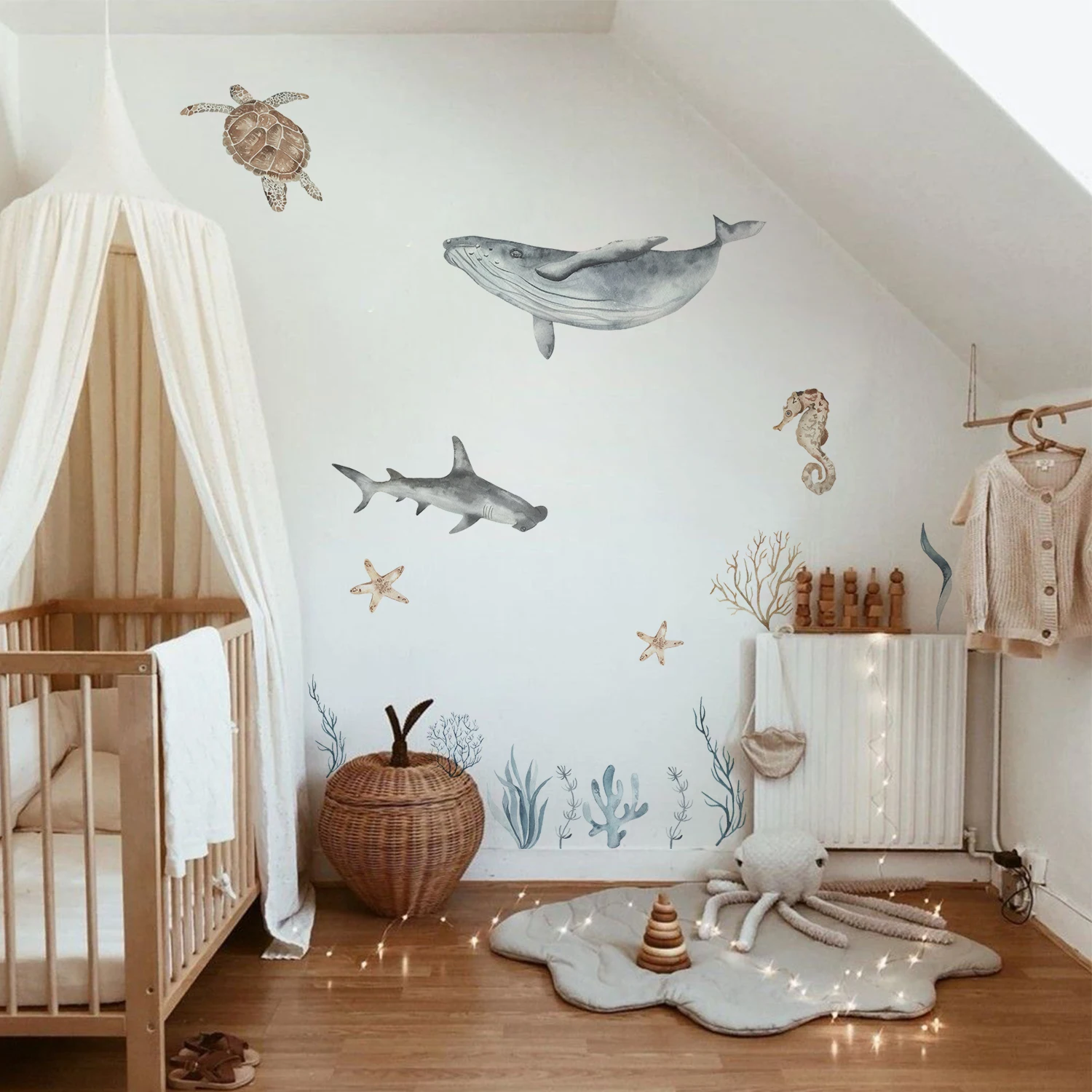 Funlife BDEWS013  Nordic watercolor underwater animal world Big Size Room Decoration Wall Stickers