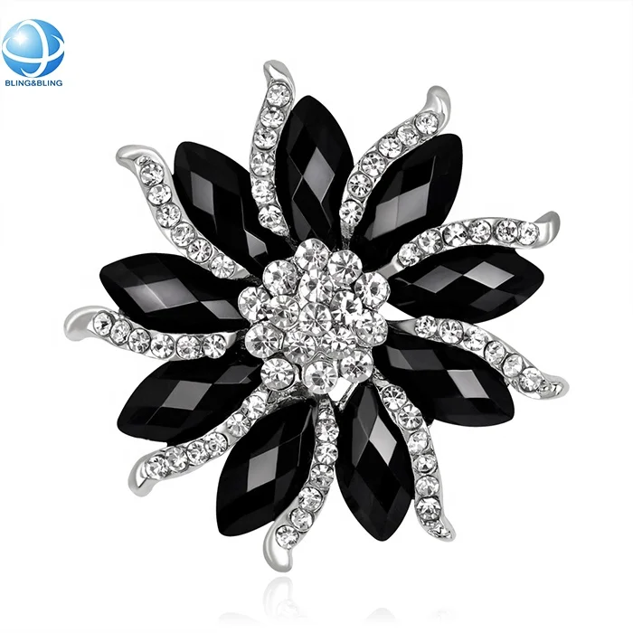 Custom Black Rhinestone flower Zircon brooches pins for women fashion festival