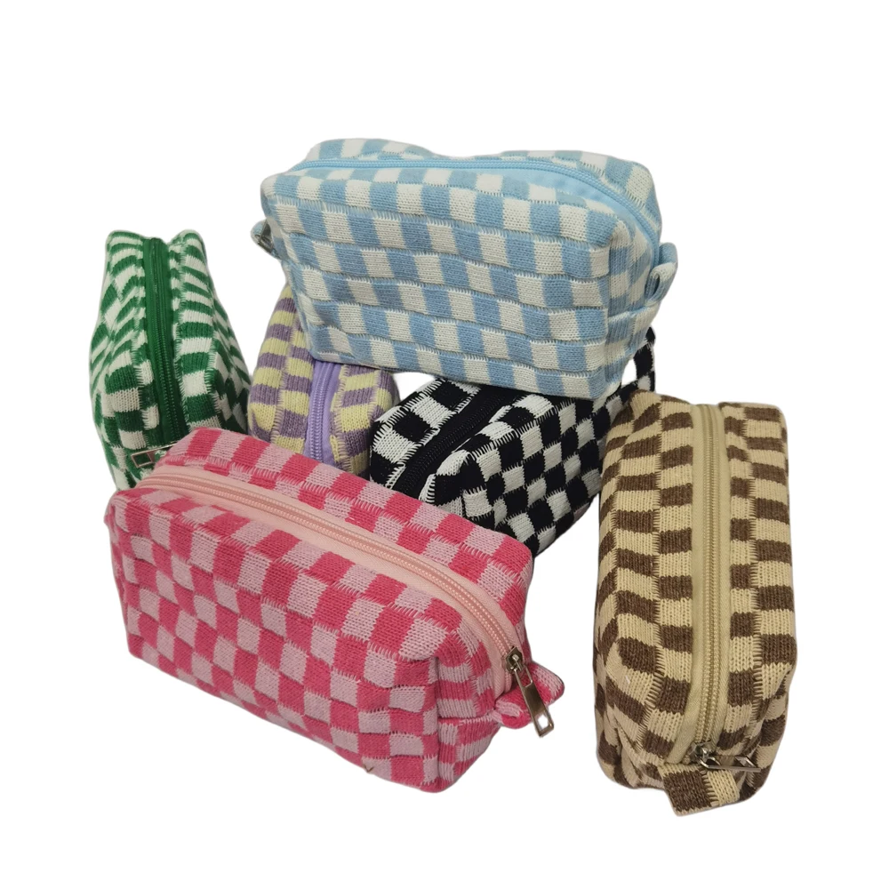 Latest Knitted Makeup Bag Pink Canvas Travel Toiletry Organizer Cute Makeup Brushes Accessories Storage Bag for Women