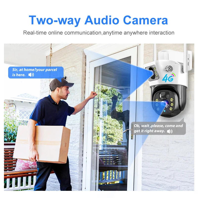 4MP Dual Lens Indoor Security Camera 4G SIM Wifi Cloud Connectivity 2 Color IP PTZ Solar Battery Powered Micro SD Card Outdoor