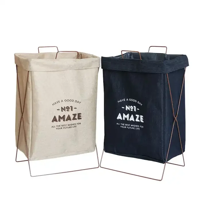 Space saving iron tube X-shaped storage for dirty clothes, foldable fabric laundry basket, cotton and linen toy clothing storage