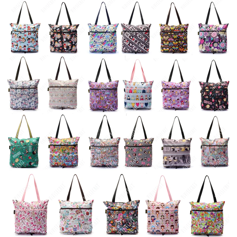 Custom polyester waterproof hand bag printing cartoon characters foldable reusable collapsible recycled shopping bag pattern