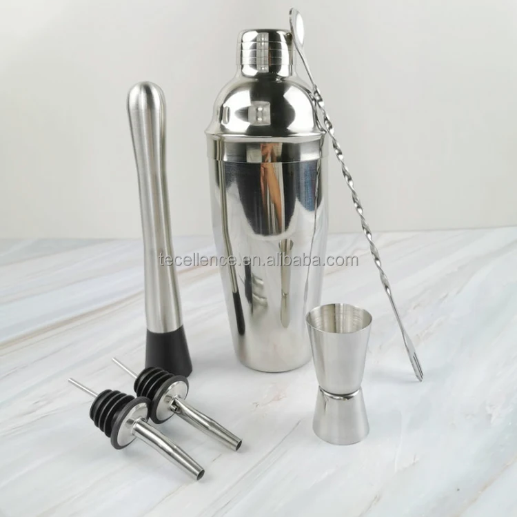 
Hot Selling Bar Tools Stainless Steel Bartender Kit Cocktail Shaker Set of 6 with 750ml Shaker, Mulddler, Spoon, Jigger, Pourers 