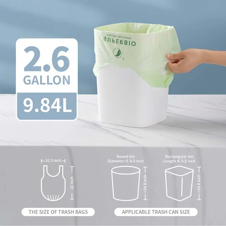SUPERBIO 2.6gallon Compostable Garbage Bags Biodegradable Trash Bags With OK Compost BPI Certificate OME ODM Service Provide