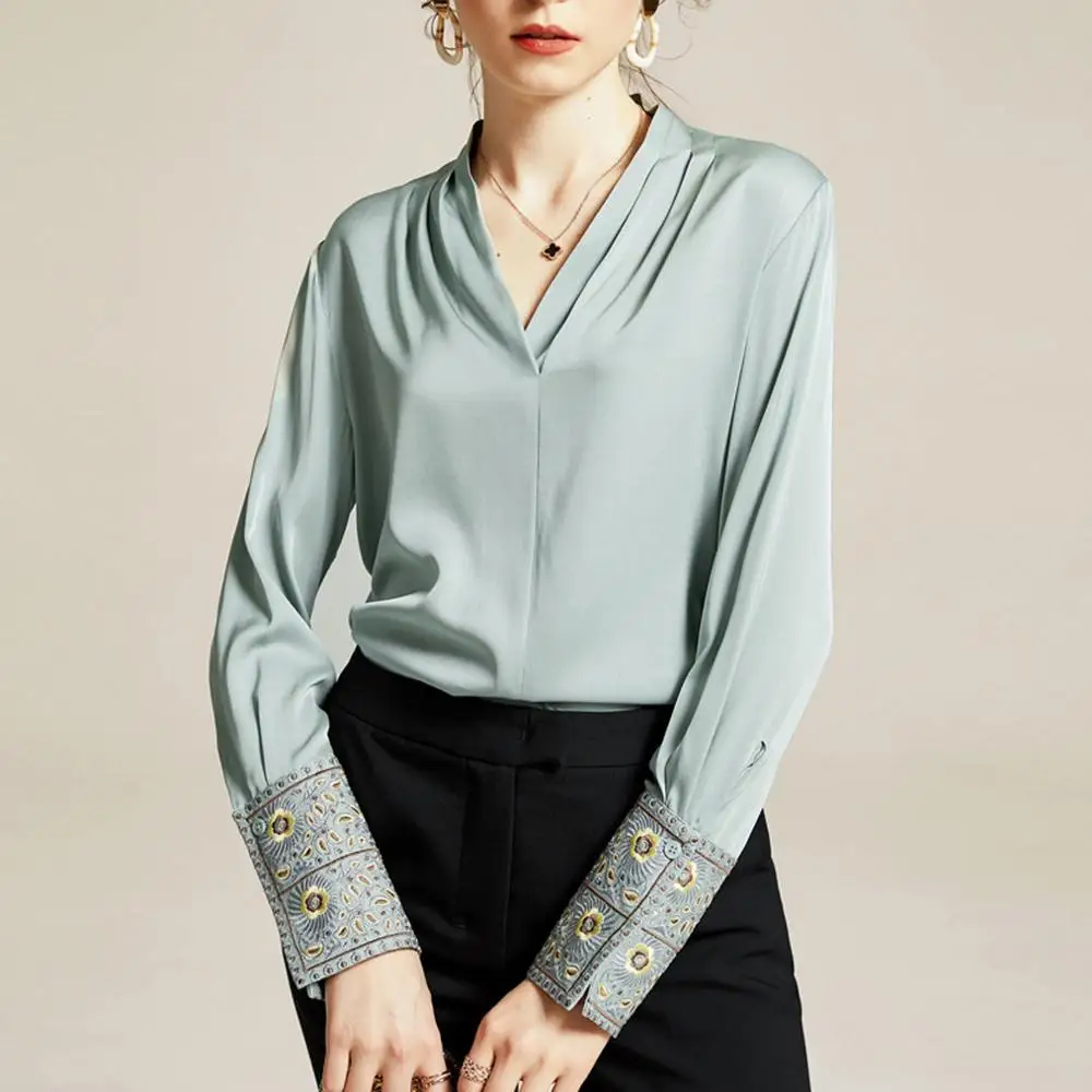 Women 2020 Spring New Fashion V-neck Embroidery Sleeve Silk Shirt Casual Office Blouse