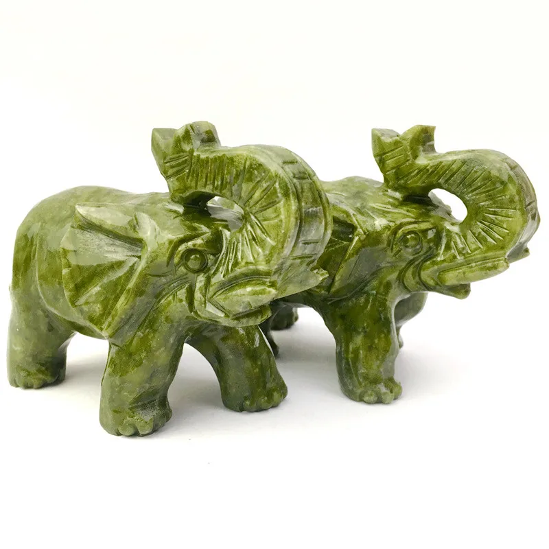 Green Jade Trunk Elephant Gemstone Elephant Decor Statue Quartz Carving Elephant