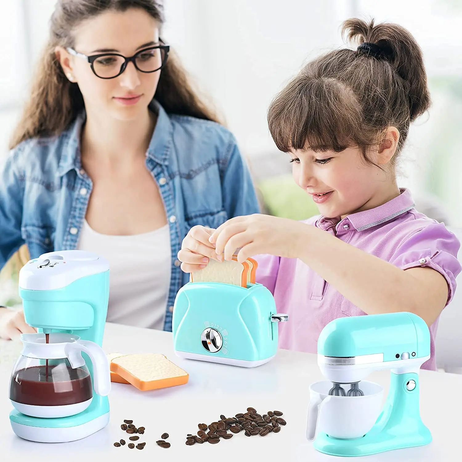 Kitchen Pretend Play Set - Toaster, Coffee Maker and Mixer with Realistic Sound, Light and Action Cooking Toys