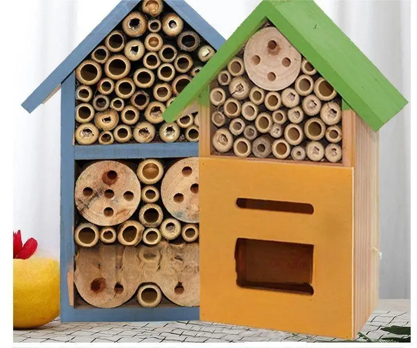 Painted insect nest Solid wood outdoor garden Bee nest Benefit insect observation Log cabin Bird house Decorated bee nest garden