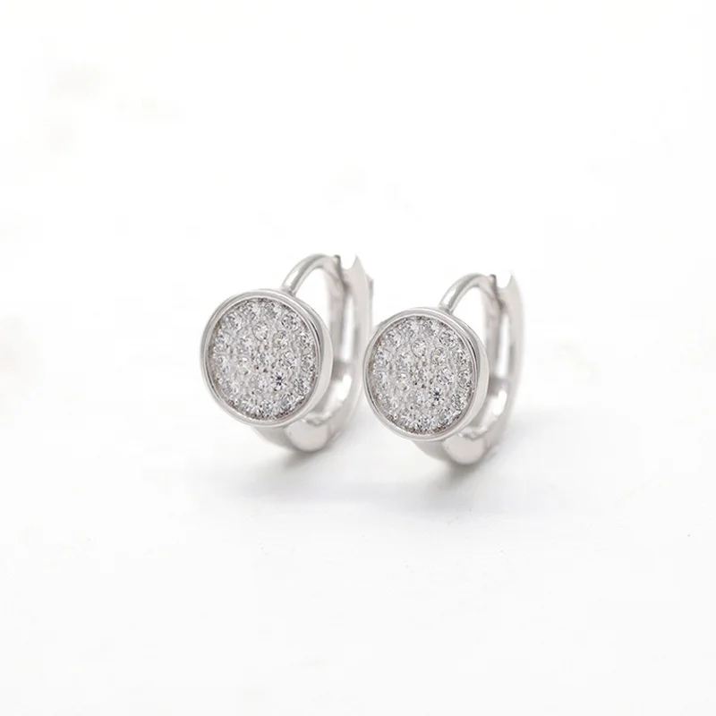 Simple set full CZ Zircon round disc earrings for women 925 sterling silver coin piercing earrings