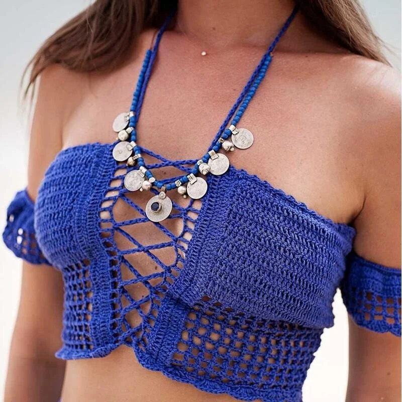 Hand Crochet Beach Bikini Top Ecstatic Dance Women Tassels Hollow Out Swimsuit Boho Crochet Swimwear Top dropshipping wholesale
