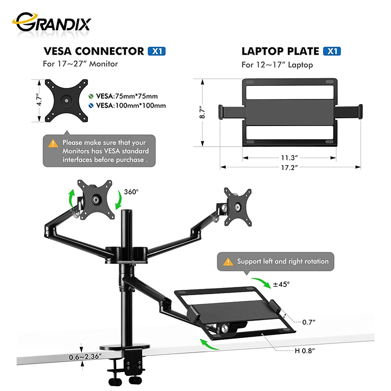 3in1 Aluminum Alloy Ergonomics Height Adjustable Flexible Triple  stand arms Dual Lcd Monitor Arm And Laptop stand holder
