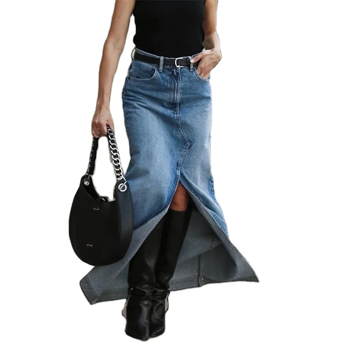 Popular Products summer  Blue Casual Sexy Slit Long Denim Skirts Office Elegant High Waist A-Line Skirt