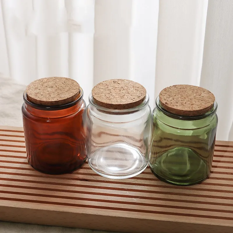 Empty Heat-Resistant Glass Candle Vessel Container 8oz 200Ml Amber Green Clear Jar with Cork Lid for Christmas Decorations