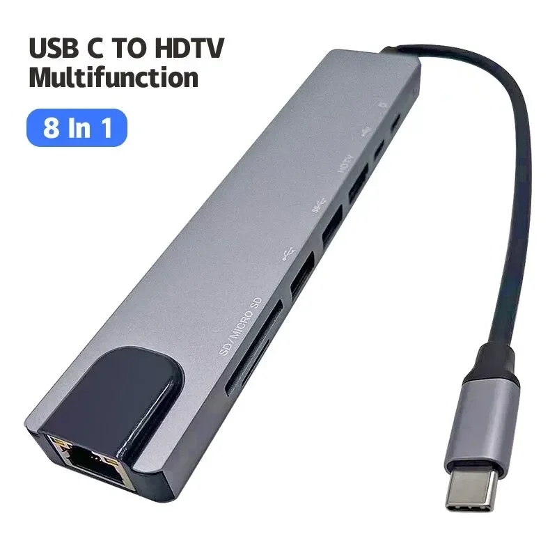 Type C to USB 8 in1 Hub HDMI 4K Adapter RJ45 Lan Ethernet TF SD Reader Docking Station 8 Ports USB C