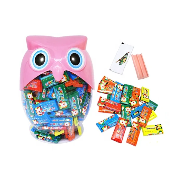 OEN wholesale fresh multi-fruit flavored gum Fun and tasty owl shaped jar tattoo sticker bubble gum