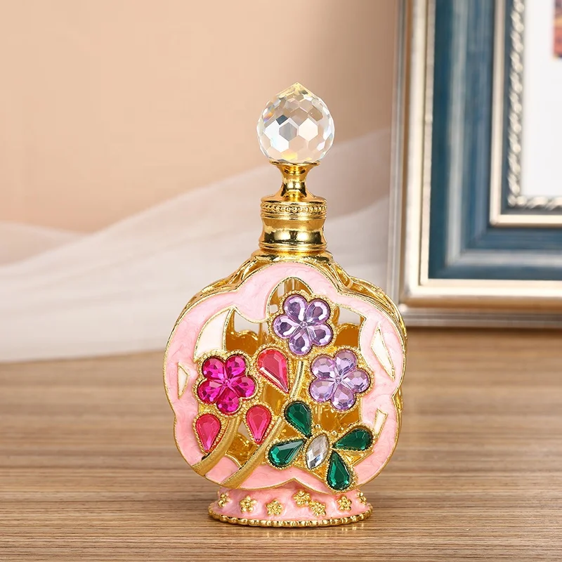 12ml Patented Plum Blossom Flower Jewelry Stones Metal Perfume Bottle Glass Essential 0il Bottle Refillable Attar Bottles#12101