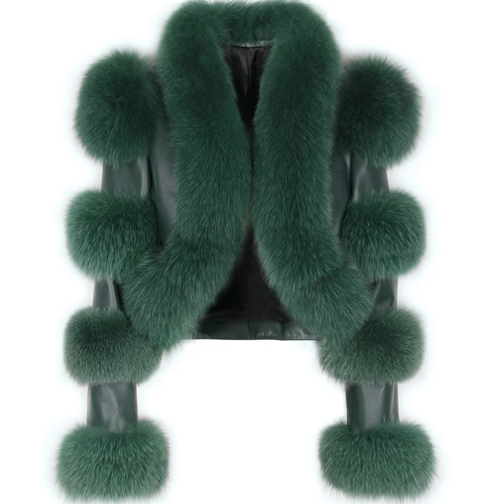 Dark green original sheepskin leather jackets crop leather jacket leather jacket fur trim