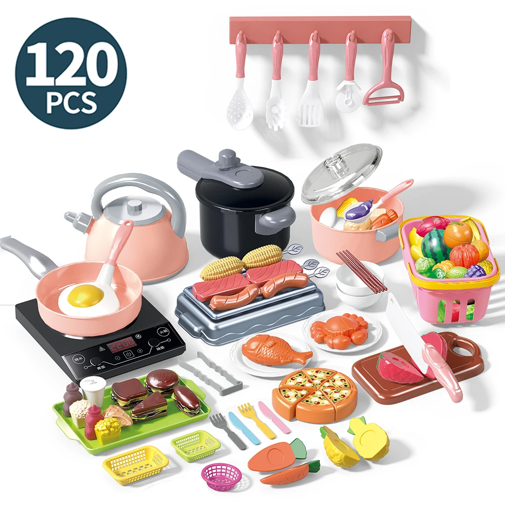 Play Kitchen Accessories Set Toy for 120 Pcs Children Toddler Food Cooking Kitchen Playing Set Toys Christmas Gift for Kids