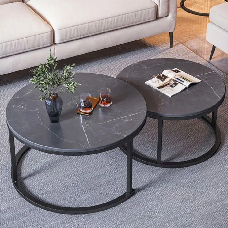 Contemporary Round Nesting Bent Black Gold Metal Side Glass Marble Stone Mdf Wood Coffee Table Nest Of 3 Table Set Nesting Table