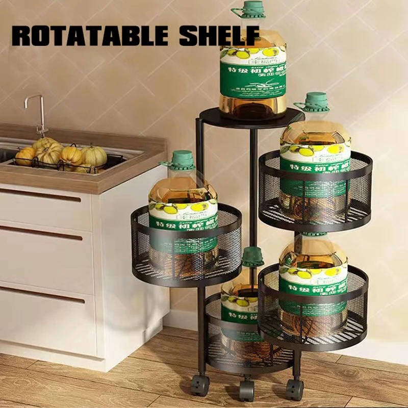 Round Multi-layer Floor Mobile Household Kitchen Rotating Shelf With Wheels