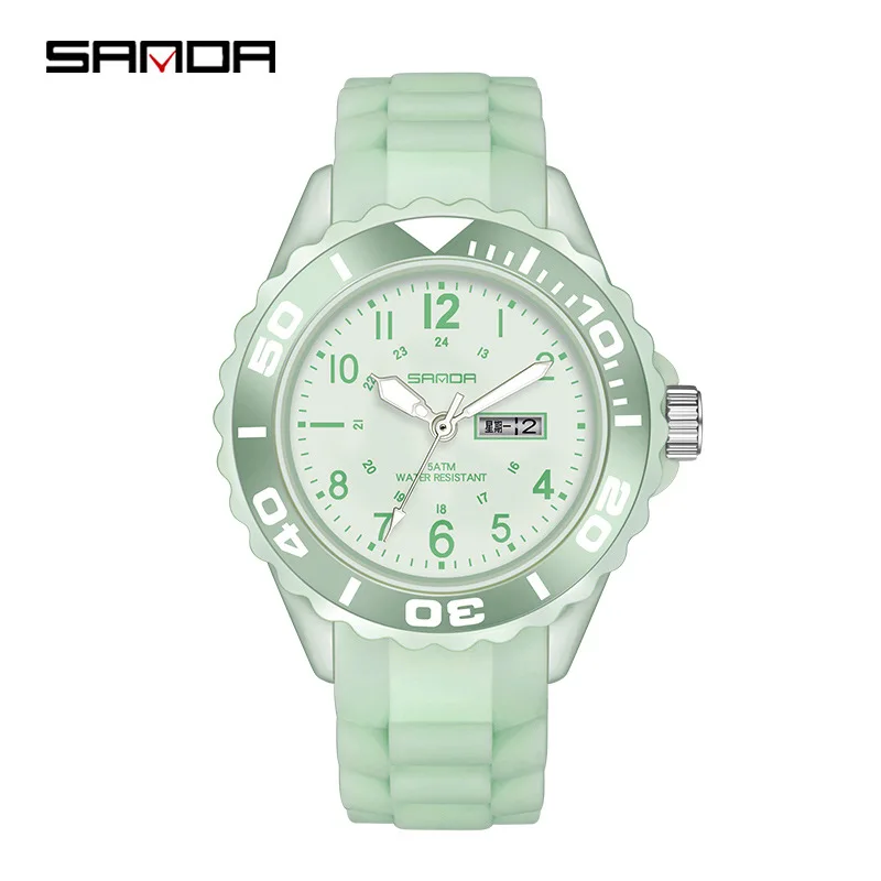 Hot selling sanda gradient color dual calendar silicone 5ATM waterproof Japanese quartz movement couple watch for man and women