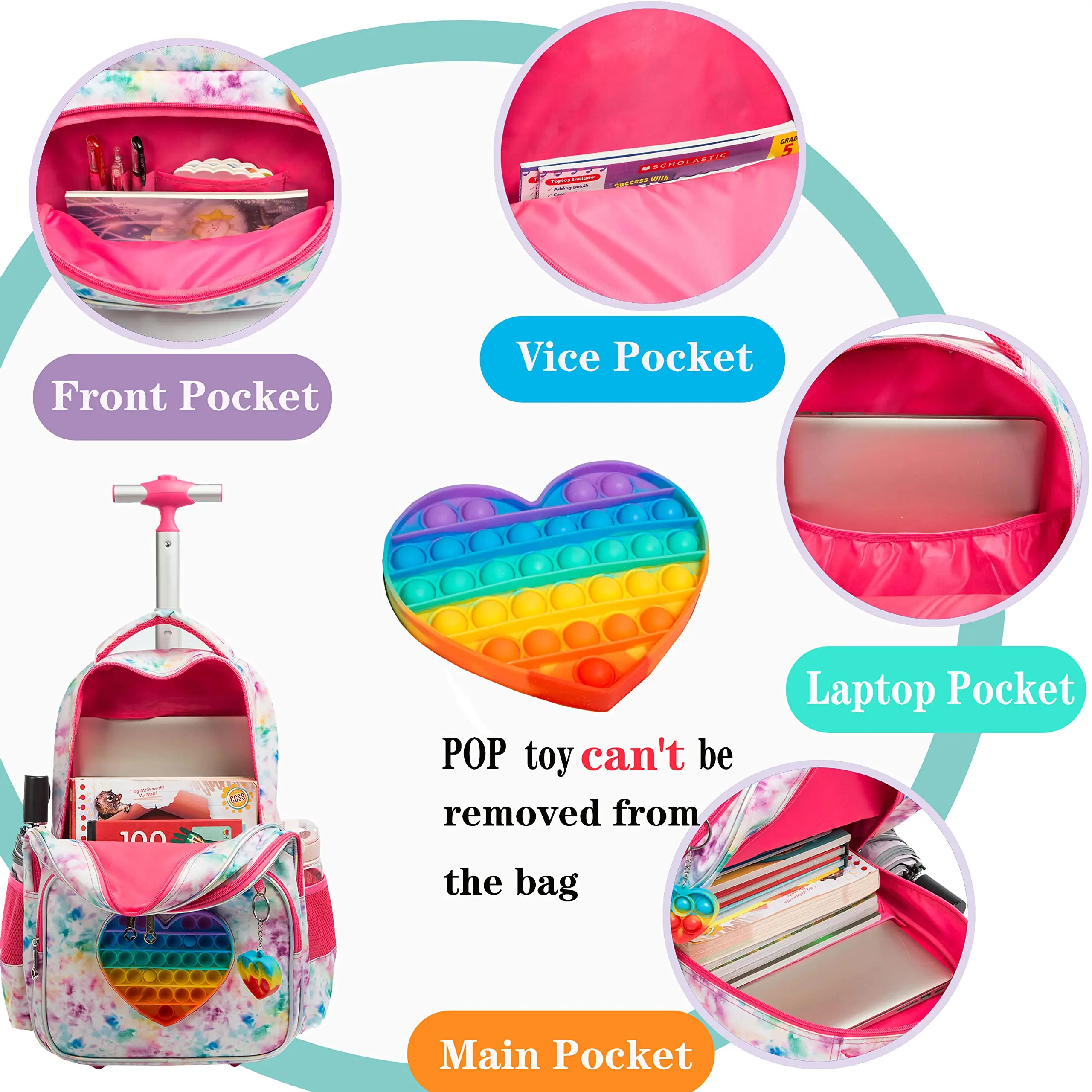 POP Fidget Rolling Backpack for Girls Push Popper Bubble Fidget Toy Wheels Backpacks