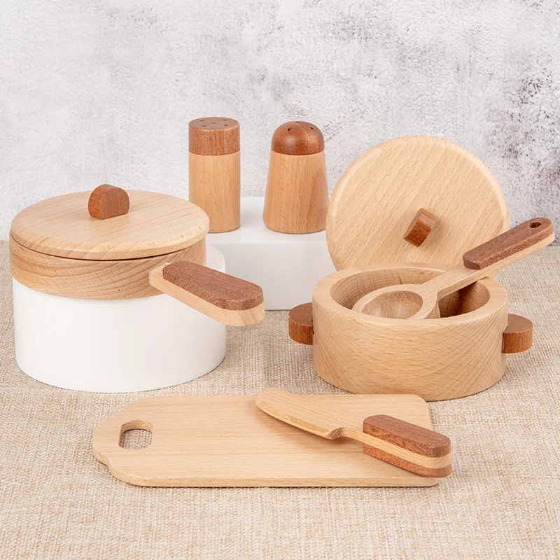 Wood Play Set Cookware Plates Dishes Play Kitchen Toys Pots Pans Cooking Sets 14 Pieces Montessori Wooden Kitchen Toy