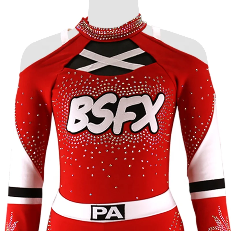 Wholesale Red High Quality Kids All Star Custom Rhinestone Cheerleading Uniforms With AB Crystal Cheer Practice Wear