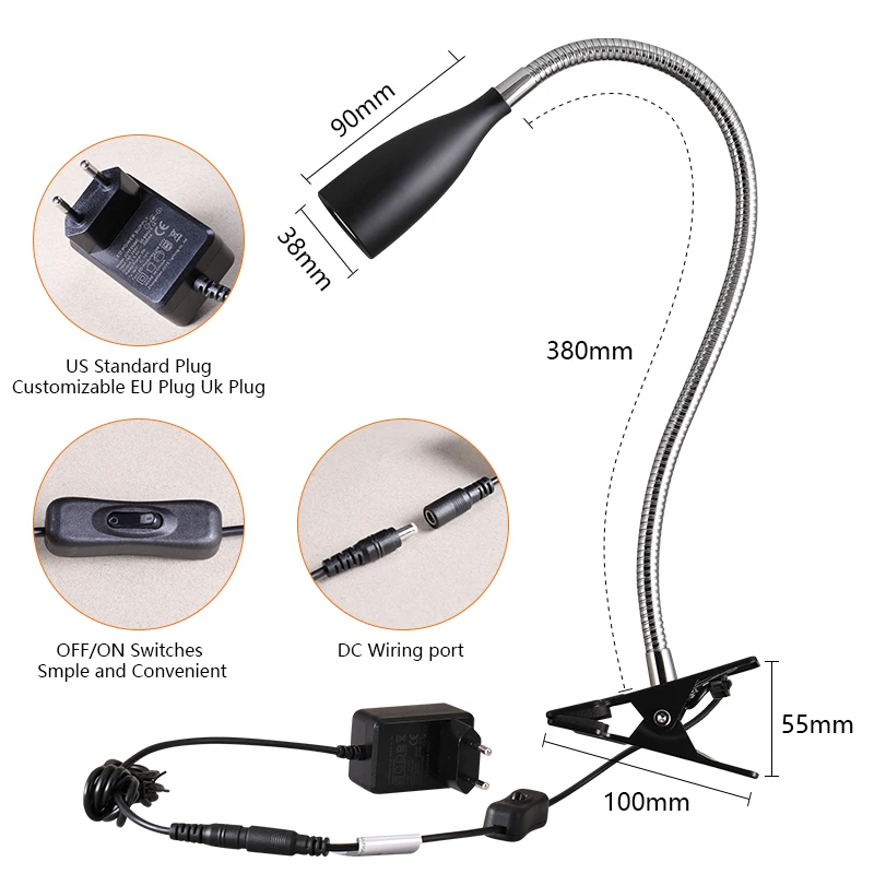 Eye-Caring LED Reading Light 360° Flexible Clip on headboard lamp 3W 3000k Desk Lamp with Clamp for Workbench