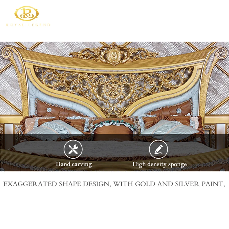 Classic Luxury Palace Style Baroque Gold Foil Crowned King Size Bed for Master Bedroom