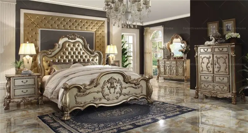 Luxury Bed Room Furniture Bedroom Set Antique Style Palace Princess Bed Bench