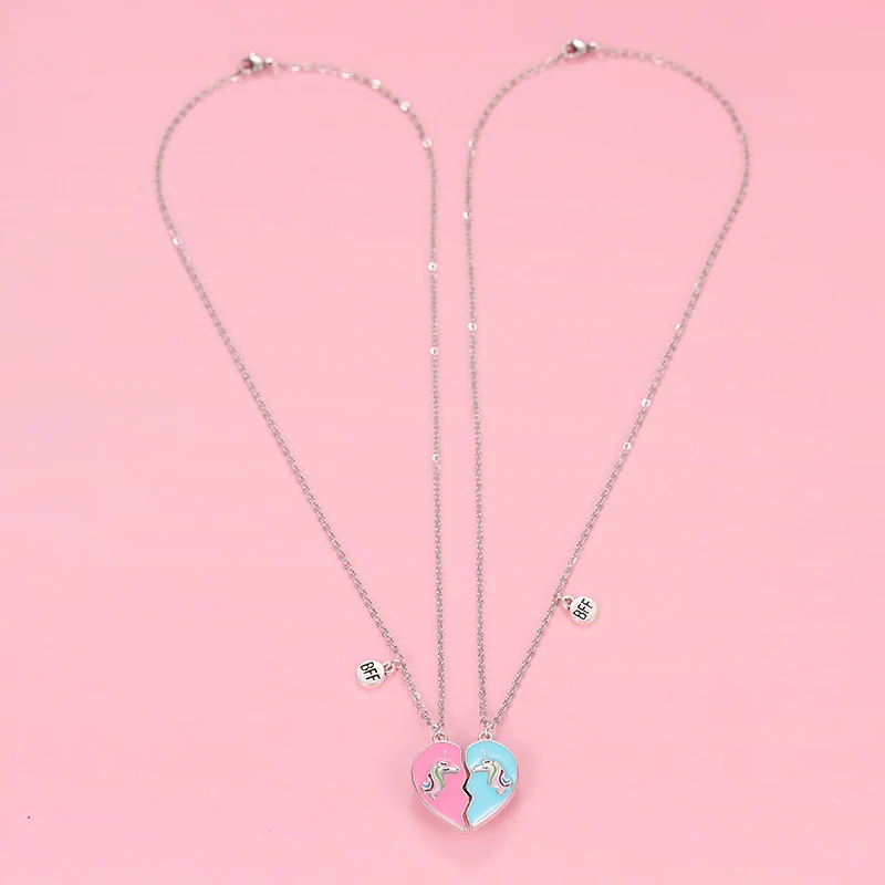 New 2 Pieces Best Friends Matching Necklace Cute Birthday Gifts Pink Blue Half Heart Necklace BFF Friendship Necklace for 2