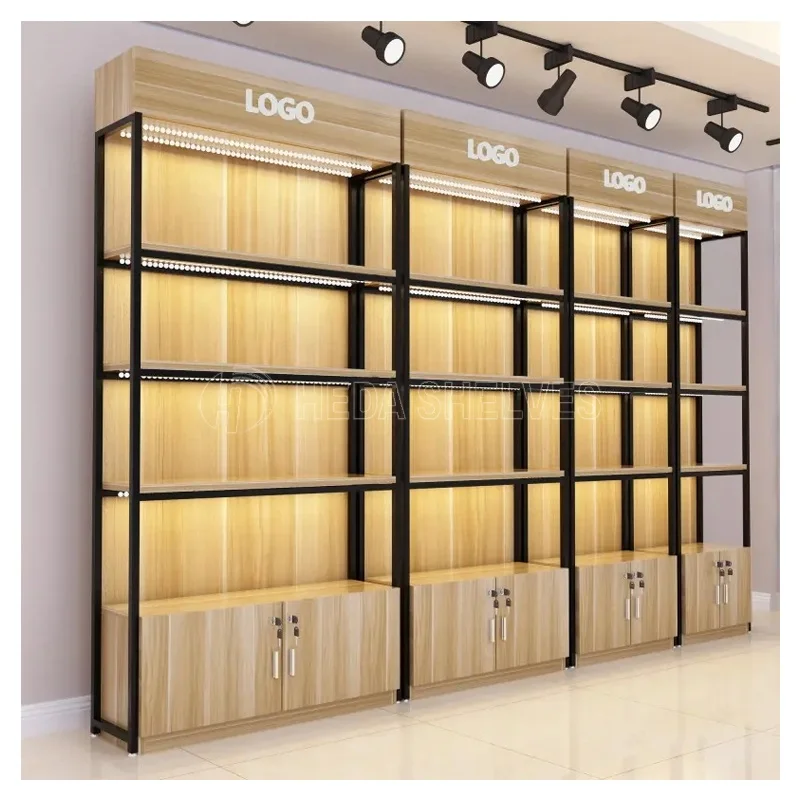 Supermarket wooden retail shelving display shop shelves cosmetic grocery display convenience store rack shelves for retail store