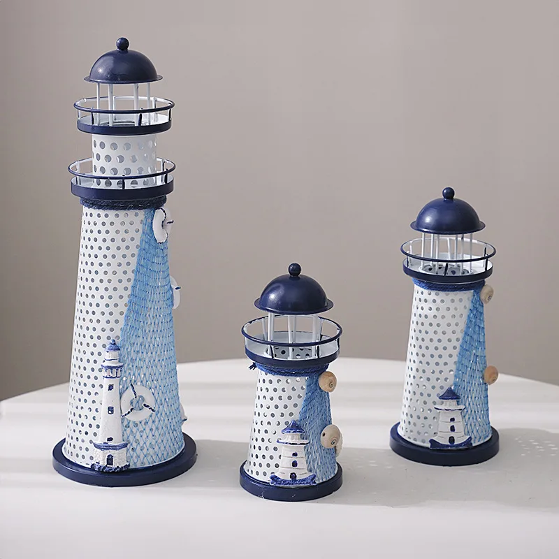 Mediterranean LED tin lighthouse 19cm electronic lights seven coloured lights candelabra home desktop ornaments