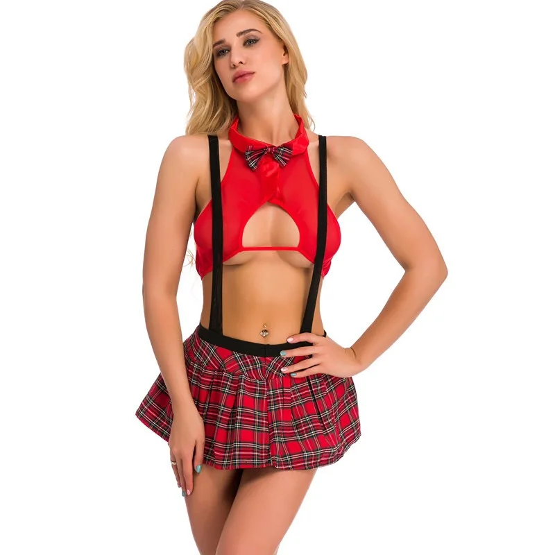 Женский школьный студенческий сексуальный костюм для ролевых игр, открывающийся бюстгальтер с лямкой на шее, ажурный топ, клетчатая мини-юбка, нижнее белье