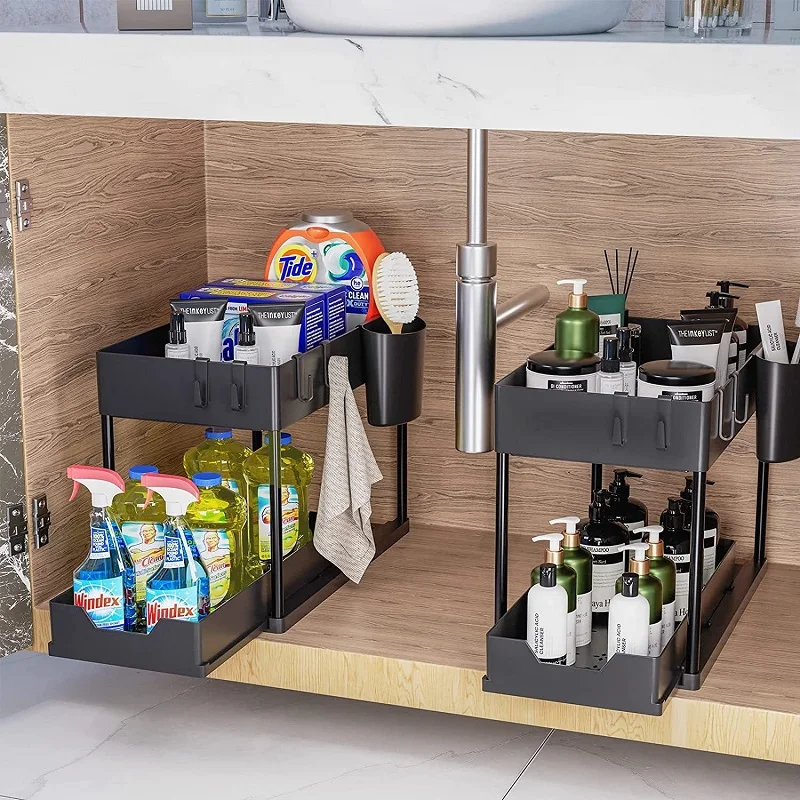 Under Sink Storage Organizer 2 Tier Drawer Multipurpose Rack Cabinet Under Sink Storage Rack Bathroom Kitchen Organizer Foldable