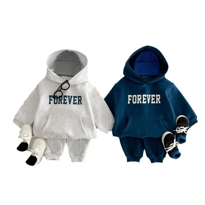 Baby clothing new winter suit plus fleece hooded printed sportswear winter long sleeve trousers two-piece set