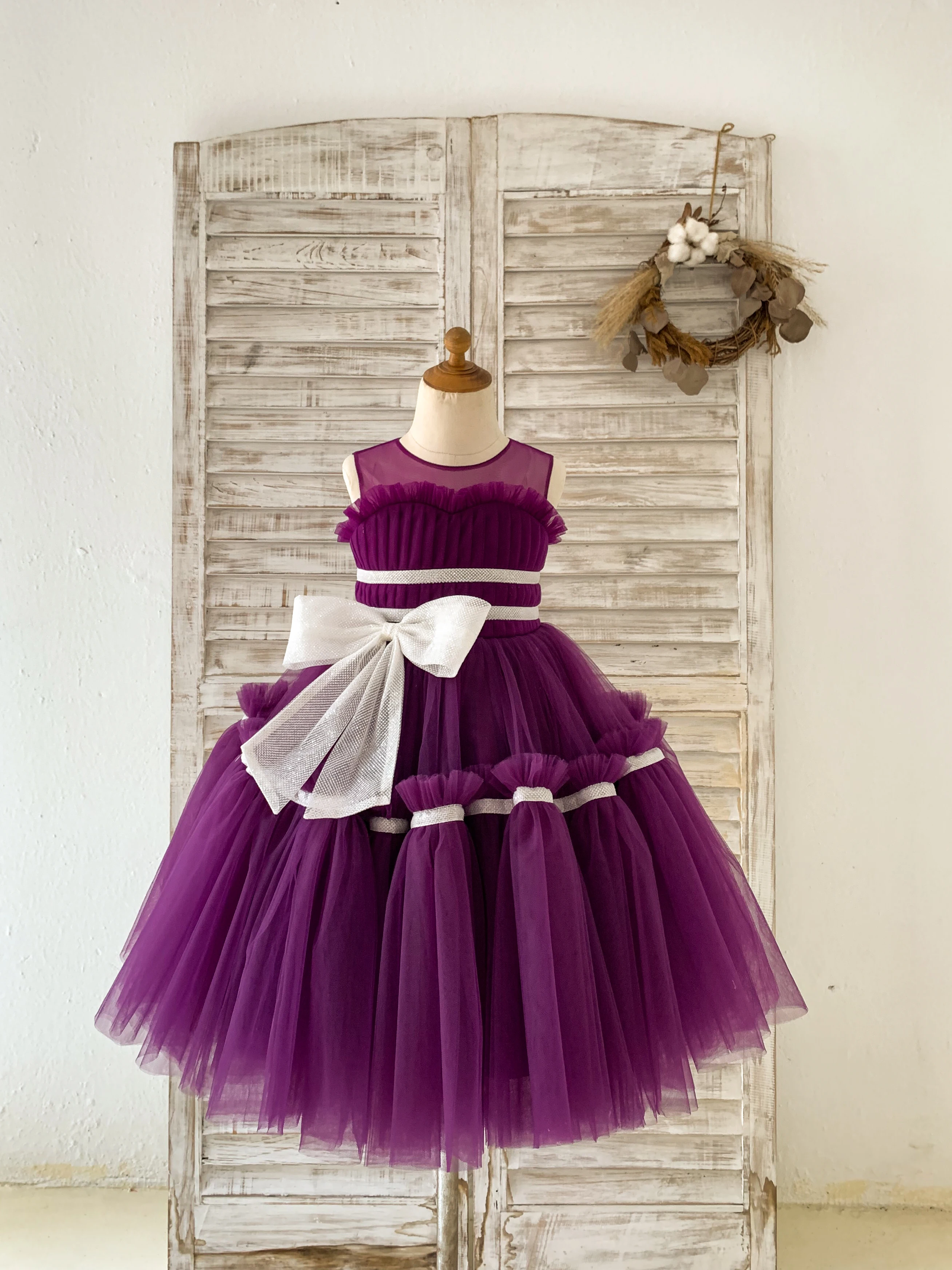 Purple Tulle Wedding Flower Girl Dress Kids Princess Birthday Party TUTU Dress with Glittering Bow