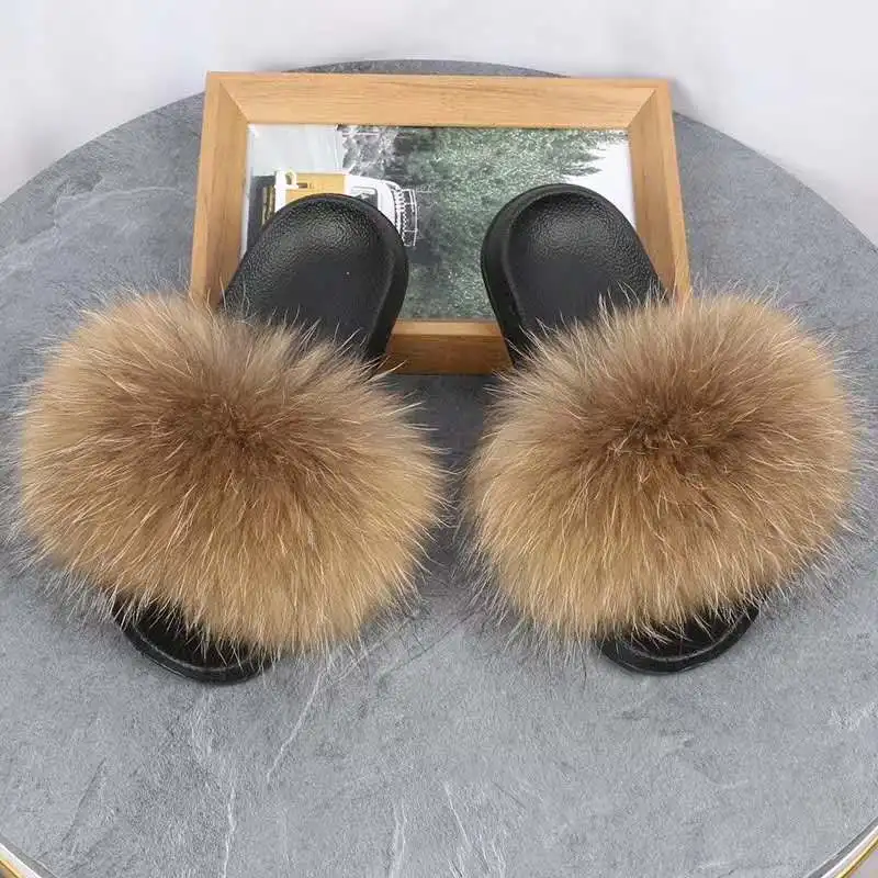 
2020 Summer Shoes Women Home Flat Sandals Female Cute Fluffy Brand Luxury Fluffy Raccoon Fur Slippers 