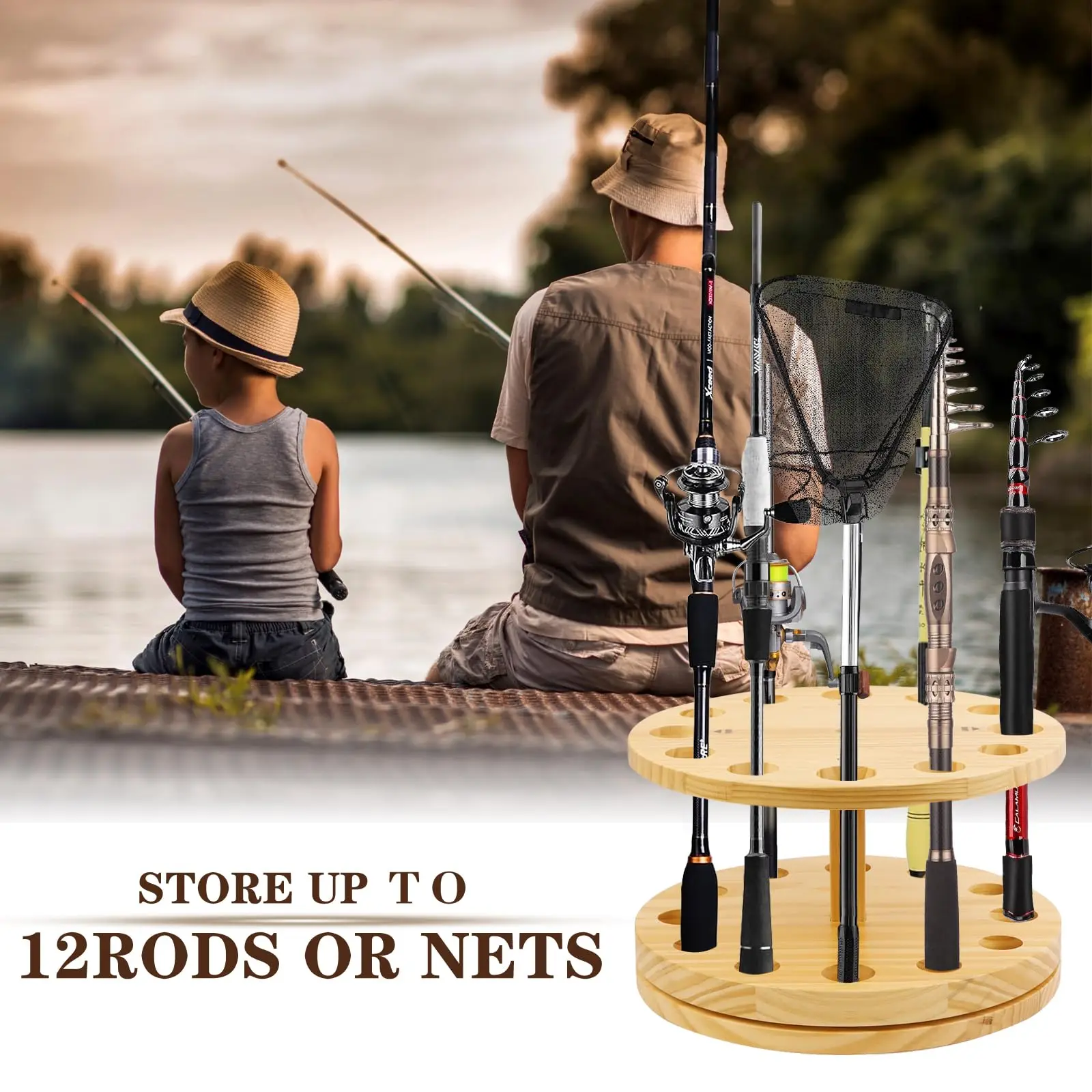 Hot Sale Vertical Wooden Stand 360 Degree Rotating Round Floor Holds up to 12 Rods Fishing Pole Rack Rod Holder Organizer Garage