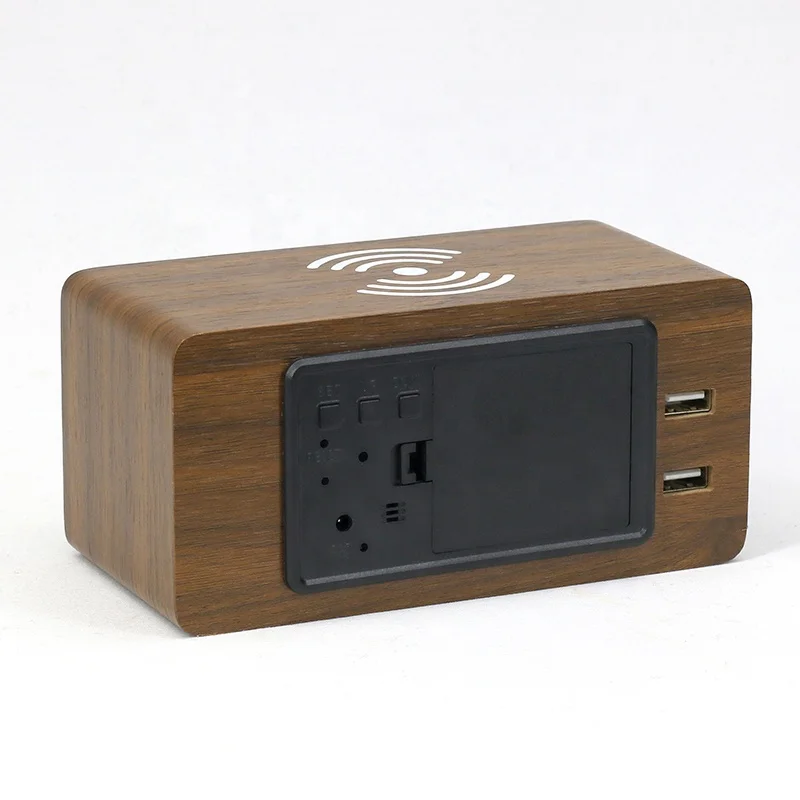 KH-WC028 LED Digital Alarm Clock Wood Phone Qi Wireless Charger with 2 USB Port Hub