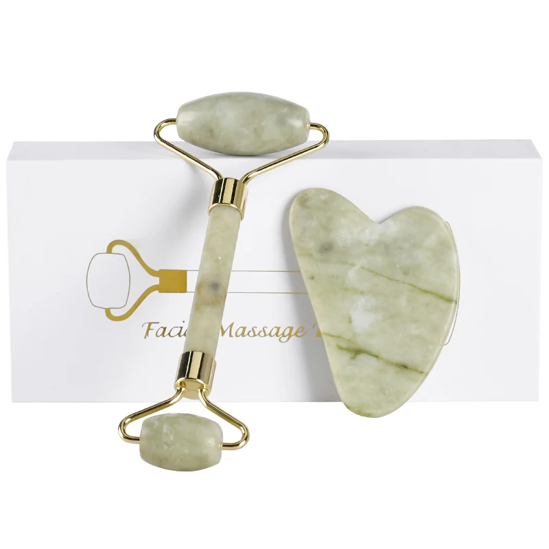 Natural Stone face Massager Private Labeling Green Jade Roller and GuaSha Set other products Massage Tools With Box Custom Logo