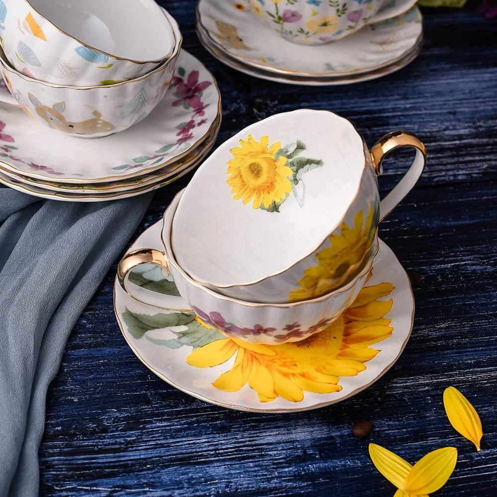 Creative sunflower coffee cup saucer set british home office flower tea cup drawing gold rim bone china cup custom logo