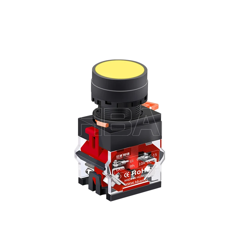 HBAN Brand la38-11 series 4pins terminal SPDT push button yellow colour Switch Flat round Plastic head