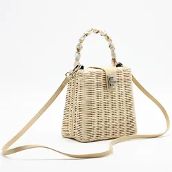 Handmade straw bags summer rattan box clutch beads handle rattan bags bali woven