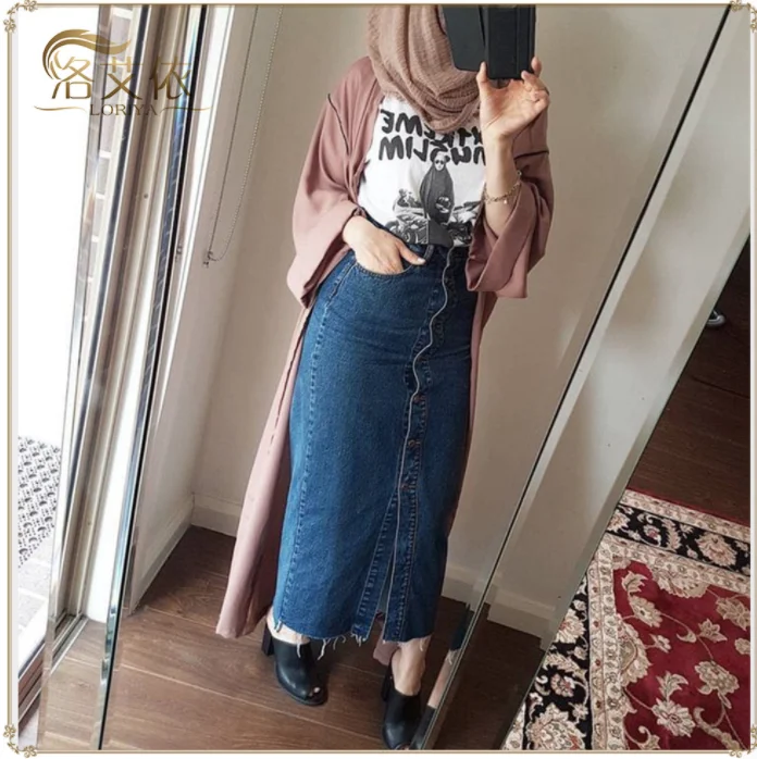 2020 Middle East Islamic Dubai Oman Muslim fashion long button jeans bag hip skirt