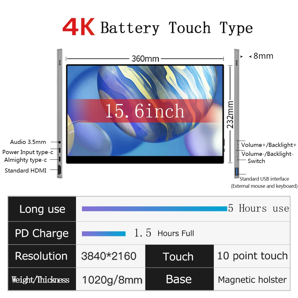 Factory wholesale 15.6 inch 4K UHD built-in battery anti-blue light portable monitor Expand screen for laptop mobile xbox switch